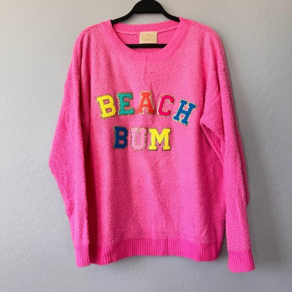 Judith March Large Bright Hot Pink Beach Bum Cozy Textured Crewneck Sweater